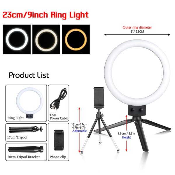 SH 9inch/23cm Selfie RingLights With Tripod Stand Usb Charge Led Lamp Dimmable Photography Light For Photo Photography Studio - Image 5