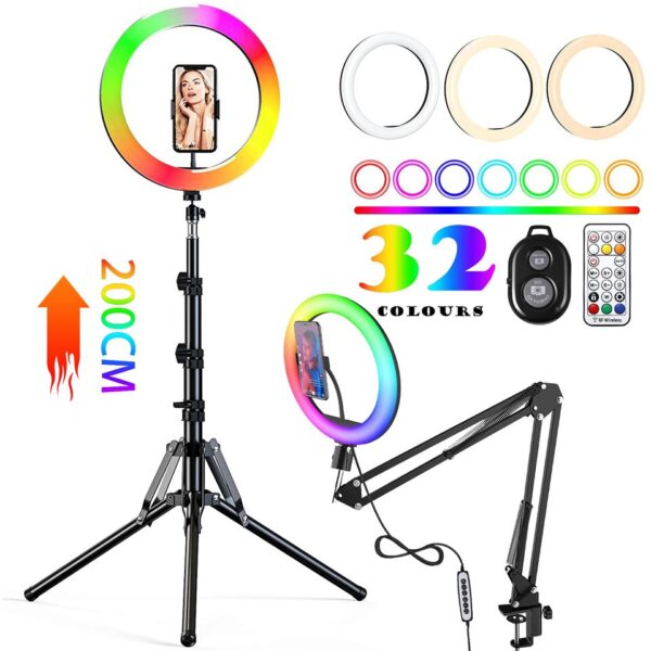 RGB Color Soft Ring Light With Desk Long Arm Tablet Tripod Photography Lighting Selfie RingLight Circle Lamp Phone Holder Stand