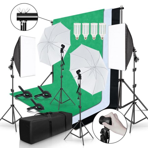 Photo Studio Lighting Kit 2x3M Background Frame With 3Pcs Backdrop Photography Light Softbox Reflect Umbrella Tripod Stand