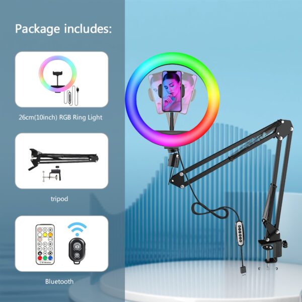 RGB Color Soft Ring Light With Desk Long Arm Tablet Tripod Photography Lighting Selfie RingLight Circle Lamp Phone Holder Stand - Image 8