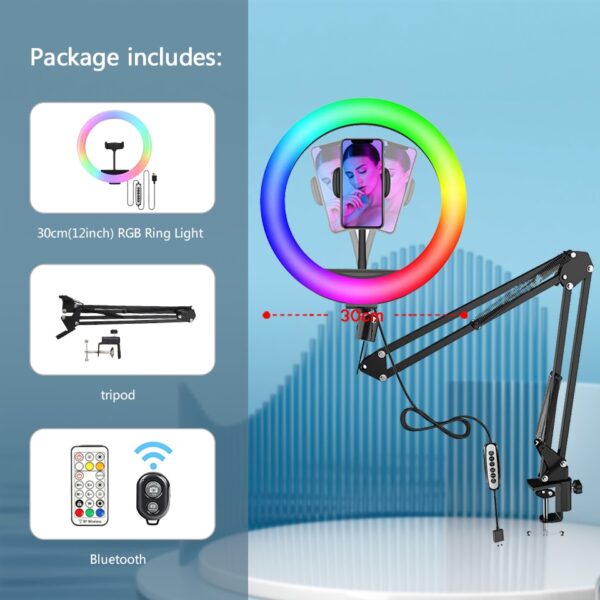 RGB Color Soft Ring Light With Desk Long Arm Tablet Tripod Photography Lighting Selfie RingLight Circle Lamp Phone Holder Stand - Image 9