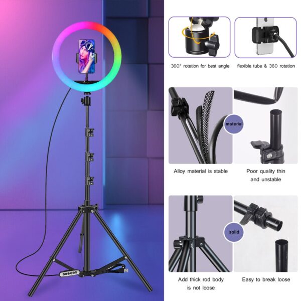 RGB Color Soft Ring Light With Desk Long Arm Tablet Tripod Photography Lighting Selfie RingLight Circle Lamp Phone Holder Stand - Image 3